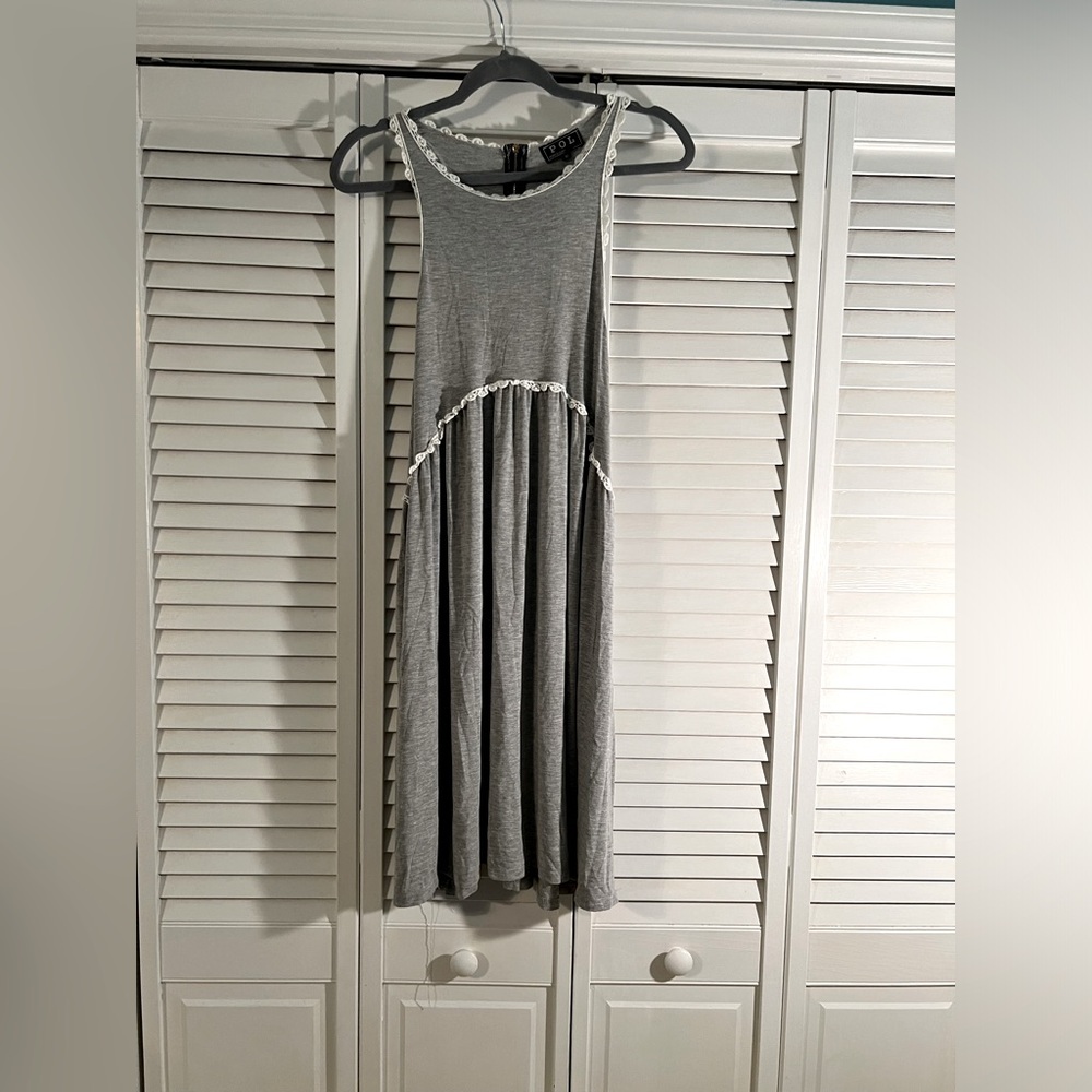 POL Knot dress, gray with delicate trim, size- medium